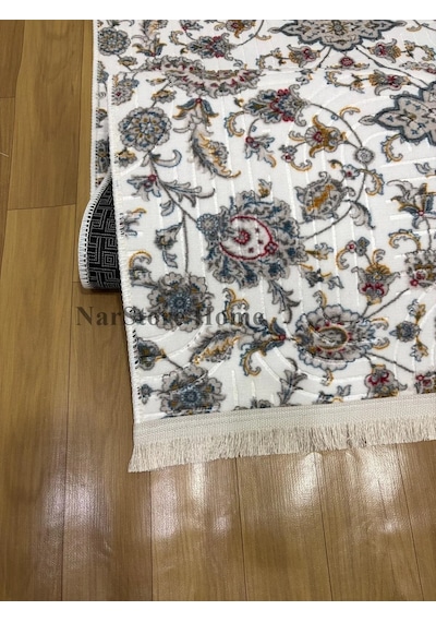 Otantik Çiçekli Desen Saçaklı Mavi Krem Kaymaz Taban Yıkanabilir Kesme Yolluk Halı Çok Renkli