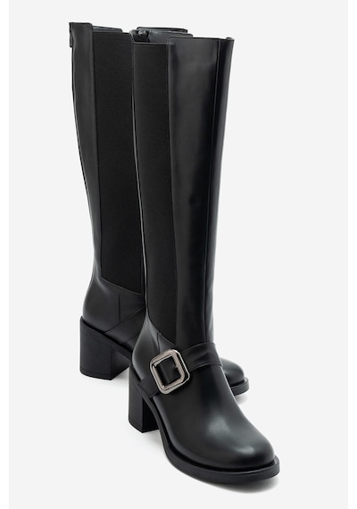 Luvi Shoes South Siyah Lastik Detaylı Tokalı Kadın Kalın Topuklu Çizme