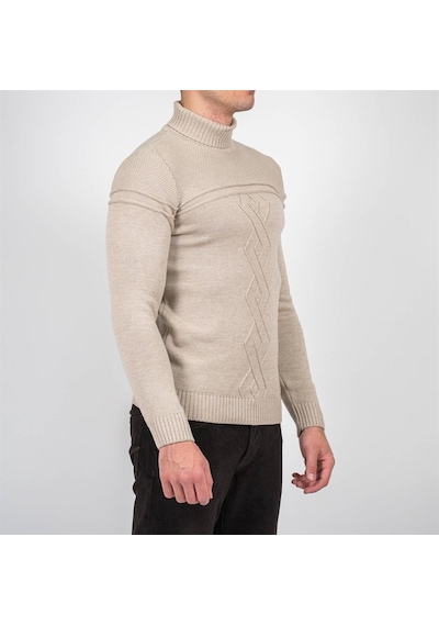 Erkek Tam Boğazlı Örgü Desenli Slim Fit Kazak Ncs Jeans 3659-Bej