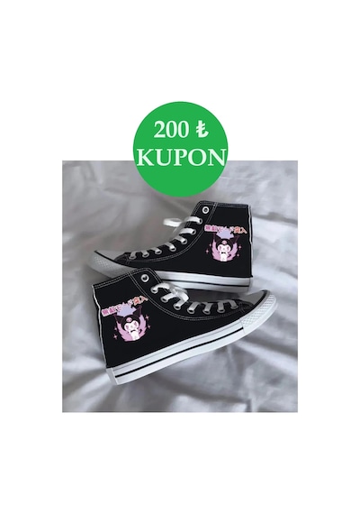Günlük Keten Chinese Kuromi Baskılı Siyah Uzun Sneaker Canvas Spor Ayakkabı Siyah