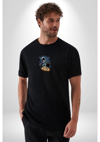 Gitar Astronot Müzik Uzay Siyah Oversize Unisex Ön Orta Minimal Baskılı Tişört Siyah