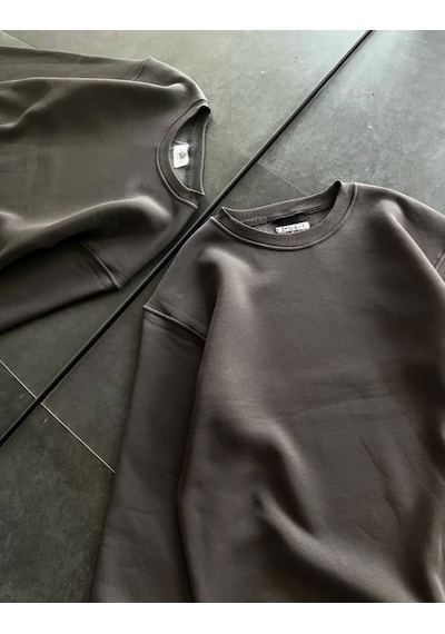 Kışlık Bisiklet Yaka Üç İplik Basic Sweatshirt - Füme Füme