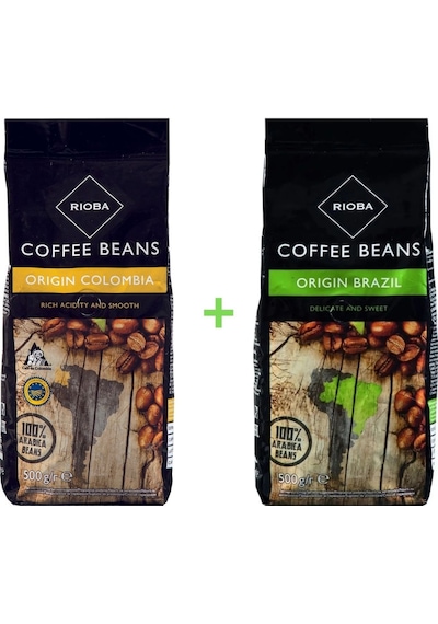 Rioba Çekirdek Kahve - Origin Colombia 500 Gr + Brazil 500 Gr Ekonomik 2 Li Paket Çekirdek