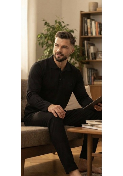 Erse %100 Pamuk Selanik Örme Uzun Kol Erkek Pijama Takımı Kışlık - 9019399256128 Siyah