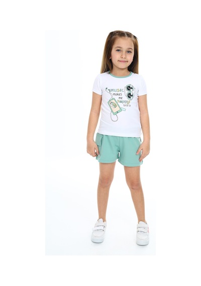Toontoy Kids Toontoy Kız Çocuk 2'li Takım Baskılı Bisiklet Yaka T-shirt & Beli Lastikli Tek Cepli Şort Yeşil