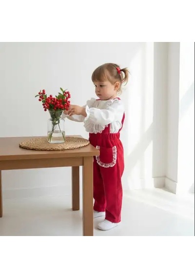 Cumino Kız Bebek Gömlekli Pantolonlu Tulum Takımı Cmn-3754 Kırmızı