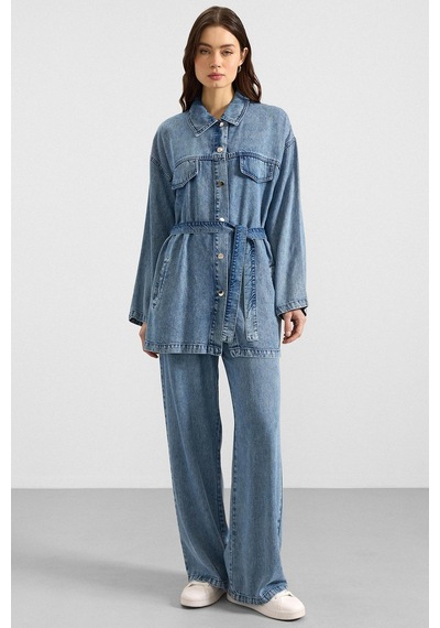 Olcay Çıt Çıt Kapamalı Soft Denim Ceket Pantolon İkili Takım Mavi 9398-tk