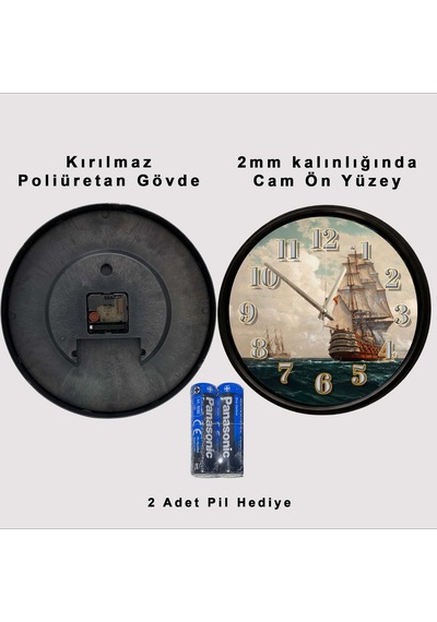 Nostaljik Yelkenli Savaş Gemisi Temalı Dekoratif Duvar Saati 28 Cm Sessiz Mekanizma Çok Renkli