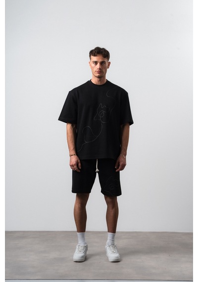 Erkek Nakış Detaylı Regular Fit T-shirt Şort Takım Siyah