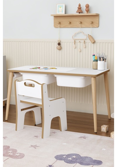 Yaz-sil 2 Çekmeceli Aktivite Masası Çocuk Masası Tek Sandalyeli -rulo Resim Kağıdı Setli Çok Renkli