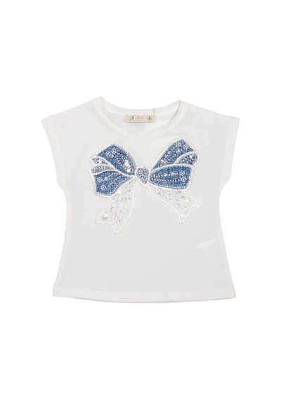 Escabel Kız Çocuk Fiyonklu İşlemeli T-shirt-15638 Beyaz