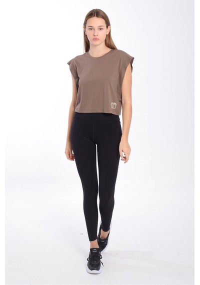 Maraton Regular Kadın Bisiklet Yaka Kakao Crop Top Kahverengi