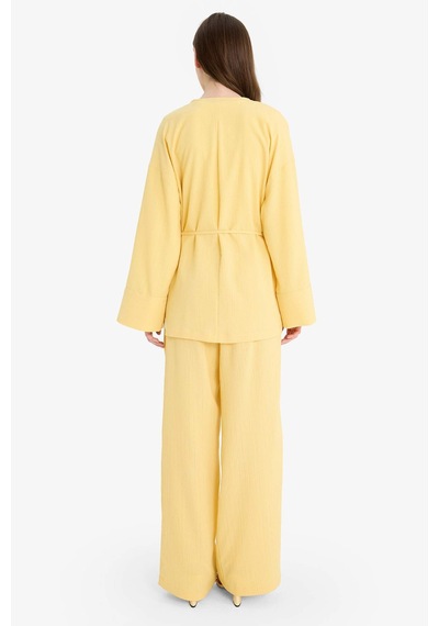 Defacto Relax Fit 2li Takım Gofre Dokulu Uzun Kollu Kimono Pantolon F4095ax25smyl272 Sarı