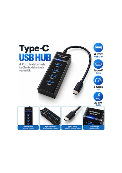 Gabble Type-c Usb 3.0 Hub 4 Port 5gbps 27 Cm Kablolu Led Usb Çoklayıcı