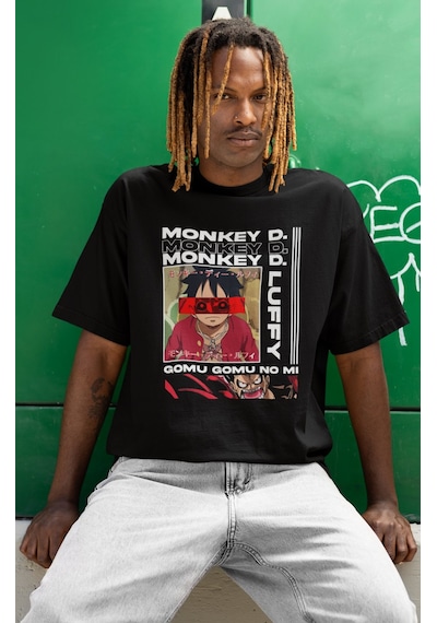 Monkey D. Luffy Tasarım Baskılı Unisex Oversize Anime Dizi Karakt Siyah