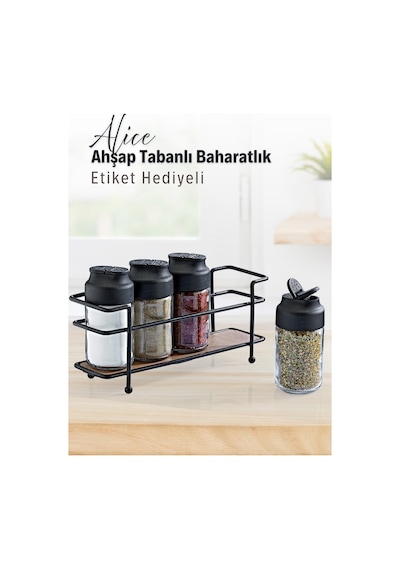Grimorlife Ahşap Tabanlı Metal Standlı 4 Lü Cam Baharatlık Seti Çift Kapaklı Tuzluk & Biberlik Diğer