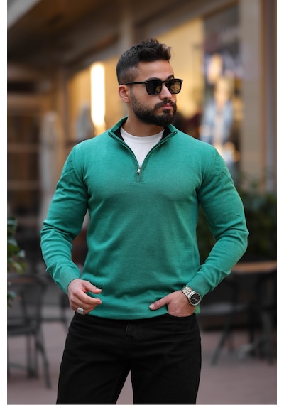 Slim Fit Fermuarlı Kazak Yeşil
