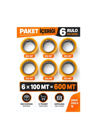 100 Metre Koli Bandı 6'lı Paket Akrilik Yapışkanlı Şeffaf Paketleme Ve Kutu Bandı 6 Adet