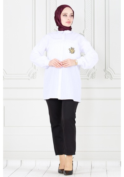 Sevitli Cebi Arı Detaylı Keten Tunik-beyaz-3867-beyaz Beyaz