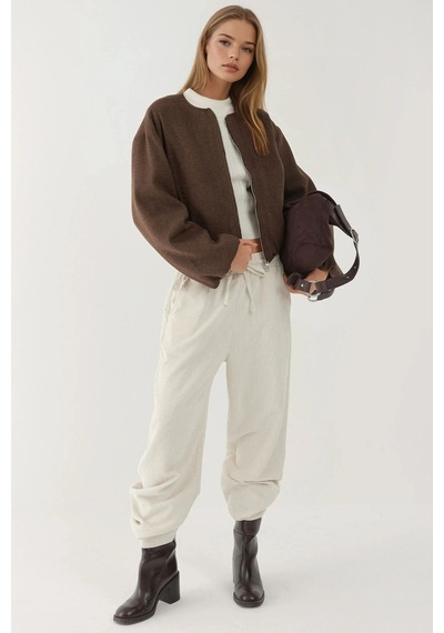 Hiccup Fermuarlı Oversize Kaşe Bomber Ceket Koyu Mocha Kahve