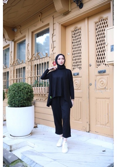 DefyModa Kadın Iki Iplik Viskon Pamuk Kumaş Arma Detaylı Ikili Takım Siyah DefyModa Kadın Iki Iplik Viskon Pamuk Kumaş Arma Detaylı Ikili Takım Siyah