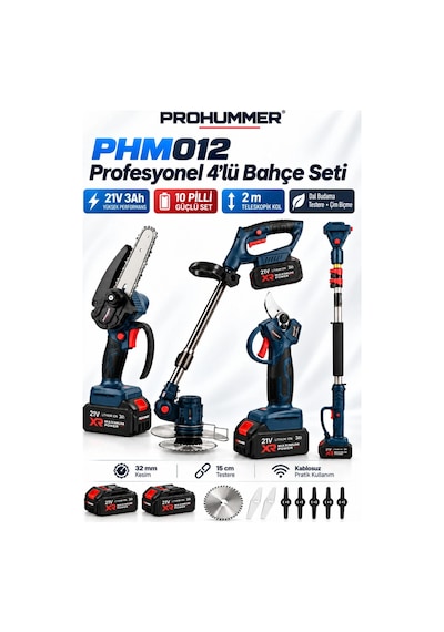 Prohummer Phm012 Akülü Profesyonel Teleskopik Kollu 4lü Bahçe Seti - Dal Budama Makası, Dal Budama Testeresi, Çim Biçme Makinesi Ve 2mt Uzatma Kolu 21v 3ah
