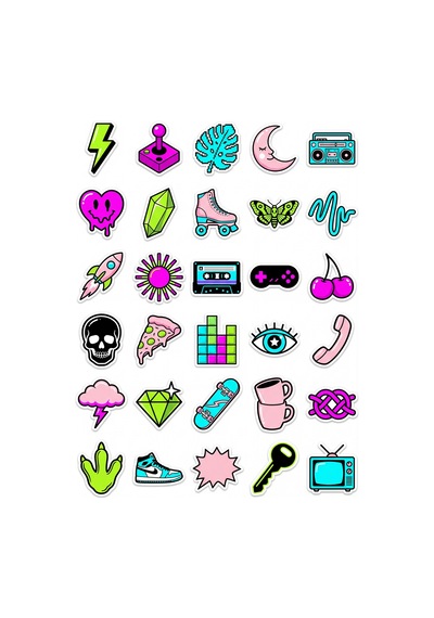 30 Adet Neon Retro Pop Art Sticker Seti - Laptop Telefon Defter İçin Çok Renkli