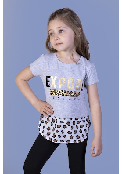 Toontoy Kids Toontoy Kız Çocuk Leopar Desenli Poplin Detaylı Tişört Gri Melanj