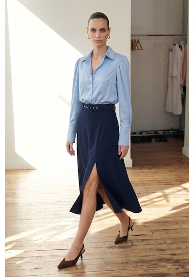 Sateen Kemerli Yırtmaç Detaylı Kloş Etek - Lacivert-137418