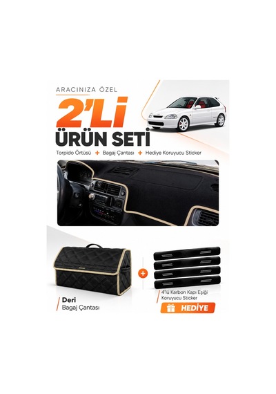 Honda Civic Ek-ej-em 1995-2000 Uyumlu Torpido Örtüsü + Deri Bagaj Çantası + Sticker - Siyah Bej