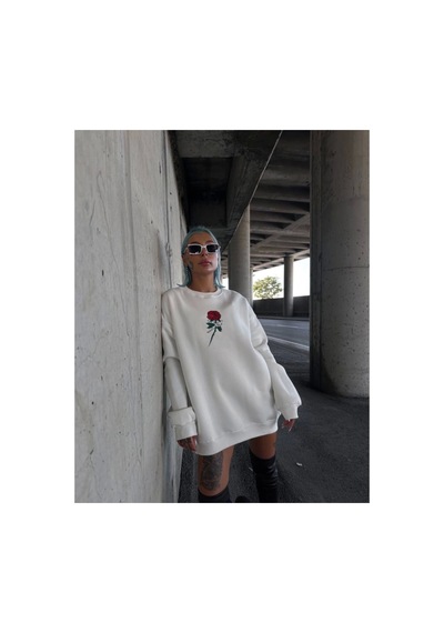 Butik İstanbul Oversize Üç İplik Bisiklet Yaka Baskılı Sweatshirt - Beyaz