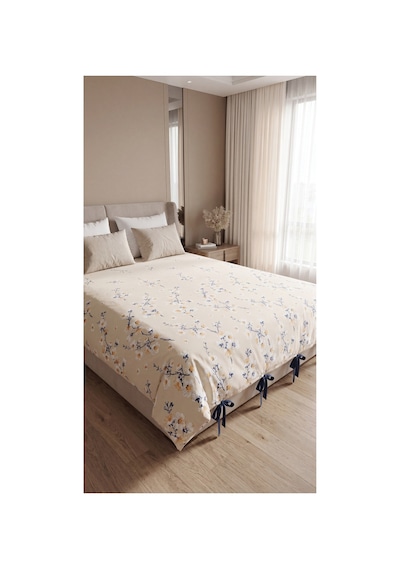 %100 Pamuk Çiçek Desenli Nevresim Yorgan Kılıfı 4 Lacivert Bağcıklı Çift Kişilik Ekru - 907810391 Ekru