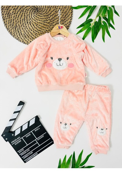 Alpbebe Cute Bear Suratlı Omuzdan Çıtçıtlı Welsoft İçi Astarlı 2 Parça Takım Nar Çiçeği