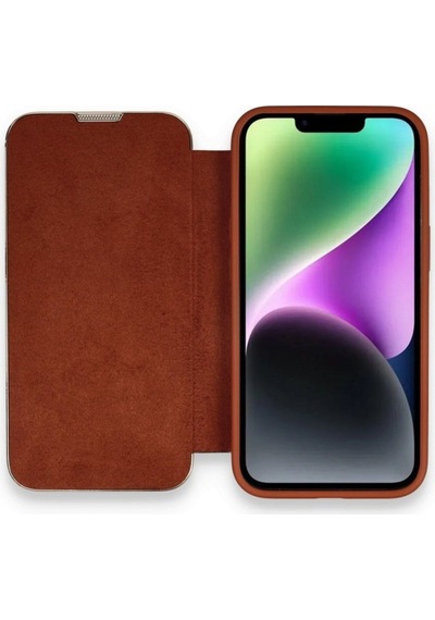 Apple Uyumlu iPhone 13 Pro Kapaklı Kılıf Parmak Izi Bırakmaz Dışı Deri Içi Süet Tasarım Kahverengi