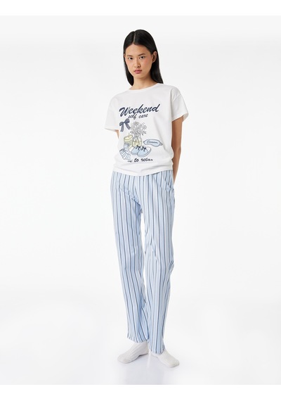 Koton Pamuklu Rahat Kesim Kısa Kollu Baskılı Pijama Seti Lacivert Çizgili 6slk40120mk