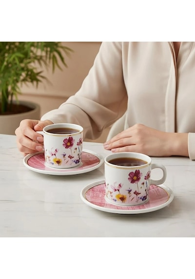 Güral Porselen Mental 4 Parça Çay Fincan Takımı 67092 Pembe Altın - Pembe