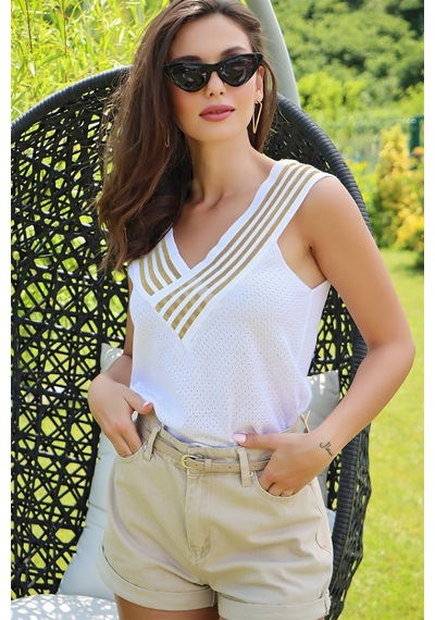 Aqe Fashion Kolsuz Ön Arka V Yaka Sim Detaylı Beyaz-altın BEYAZ