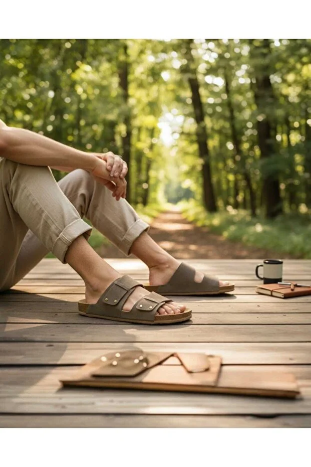 Look Life S963.020 Erkek Büyük Ayak Çift Bant Comfort Terlik Vizon