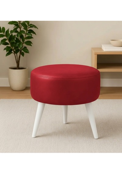 Waterybrook Suni Deri Puf - Ahşap Beyaz Ayaklı - Retro Modern Tasarım - Oturma Ve Dekoratif Sehpa Kırmızı