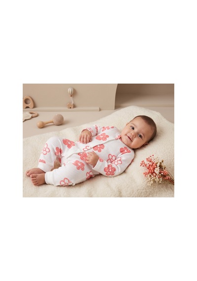 Deniva Kids Kız Bebek Çiçek Desenli Fitilli Kaşkorse Pamuklu Uzun Kollu Tulum Beyaz