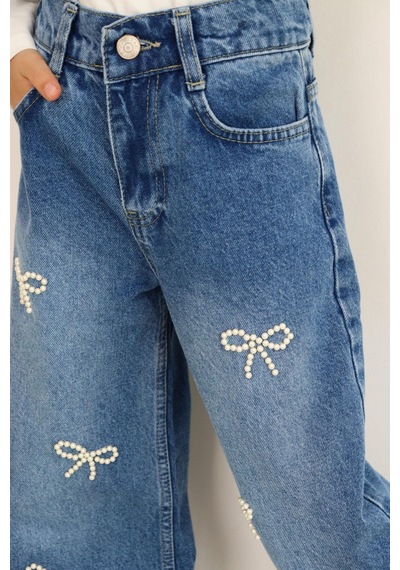 Breeze Kız Çocuk Jean Pantolon İnci Detaylı Fiyonk İşlemeli 5-9 Yaş, Mavi Mavi