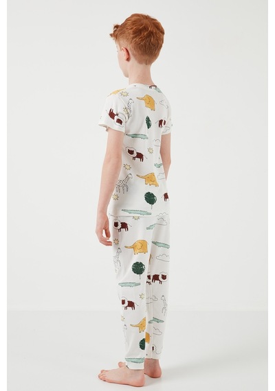 Lela Desenli % 100 Pamuk Bisiklet Yaka Erkek Çocuk Pijama Takımı 6651001 Ekru-Hardal