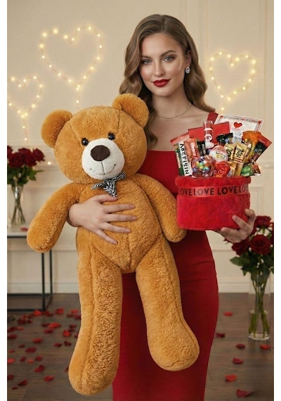 Sevgililer Günü Özel: 90 Cm Peluş Ayı Kırmızı Love Yazılı Tatlı Çikolata Sepeti Sevgiliye Hediye