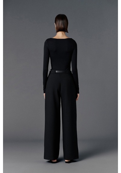 Vatkalı Kemerli Wide Leg Pantolon-20480 Siyah