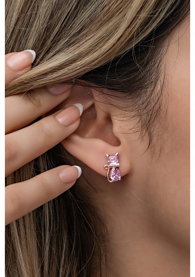 Nereze 925 Ayar Gümüş Rose Pembe Taşlı Kedi Küpe
