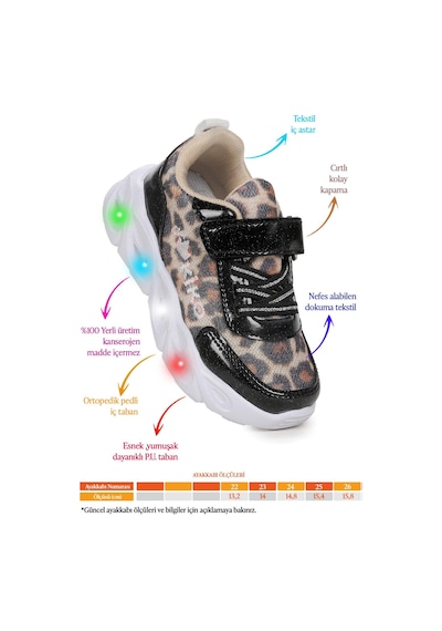 Kiko Kids Teno Leopar Desenli Cırtlı Işıklı Kız Bebek Spor Ayakkabı Siyah