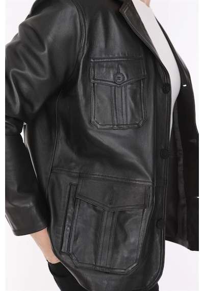 Hakiki Deri Siyah Blazer Cepli Erkek Deri Ceket Siyah