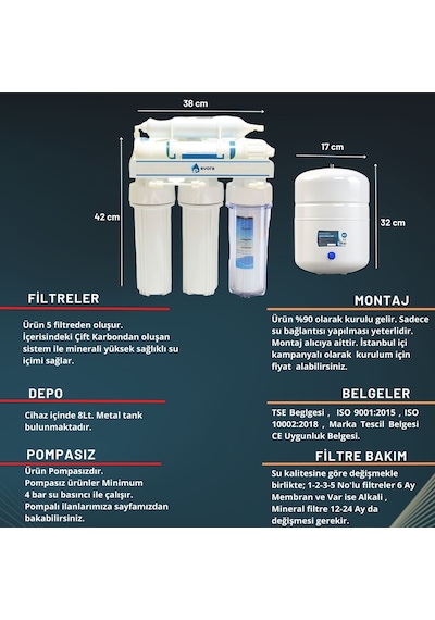Açık Kasa 5 Filtreli 8 L Çelik İçli Pompasız Su Arıtma Cihazı
