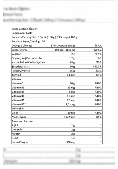 Mass Gaıner 2000g/pre-workout 300g/creatıne 300 G Çikolata