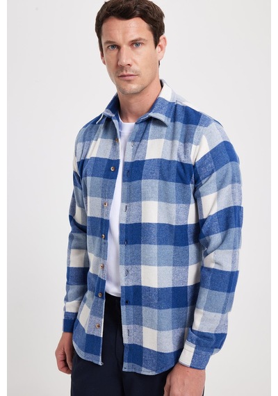 Tudors Erkek Slim Fit Dar Kesim Kareli Kışlık Oduncu Gömlek-42329 Mavi